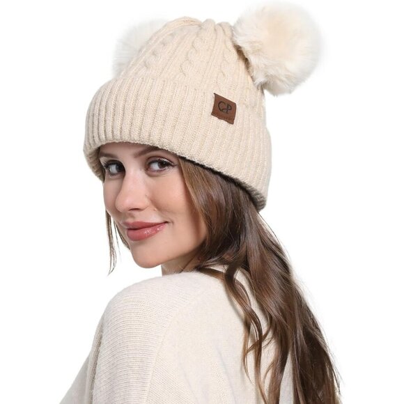 Women\'s Beige with Double Pom Pom Womens Winter Knitted Beanie Hat main image 4